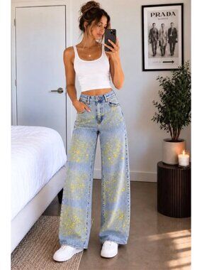 HAMMI Jeans Yellow Paint Splatter Wide Leg Jeans 26 Skater Y2K Streetwear